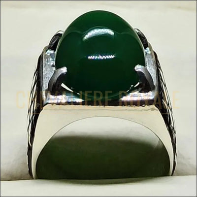 Chevalière homme en argent la pierre d’agate verte naturelle