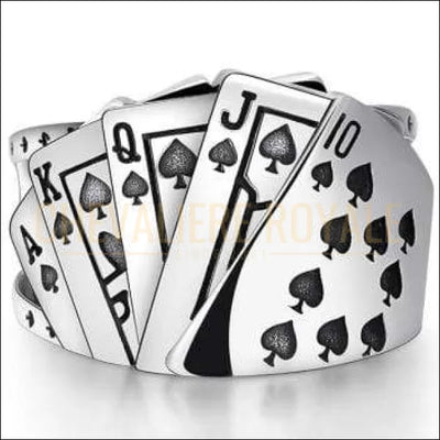Chevaliere homme - bague  en argent poker quinte flush royale à pique