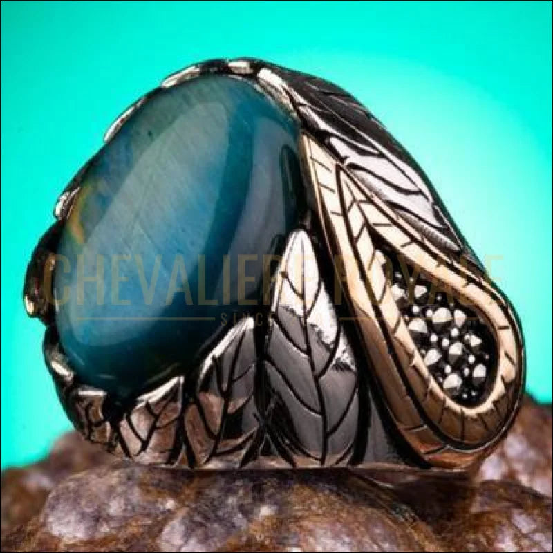 Chevalière pour homme et femme argent œil de tigre couleur bleu rare