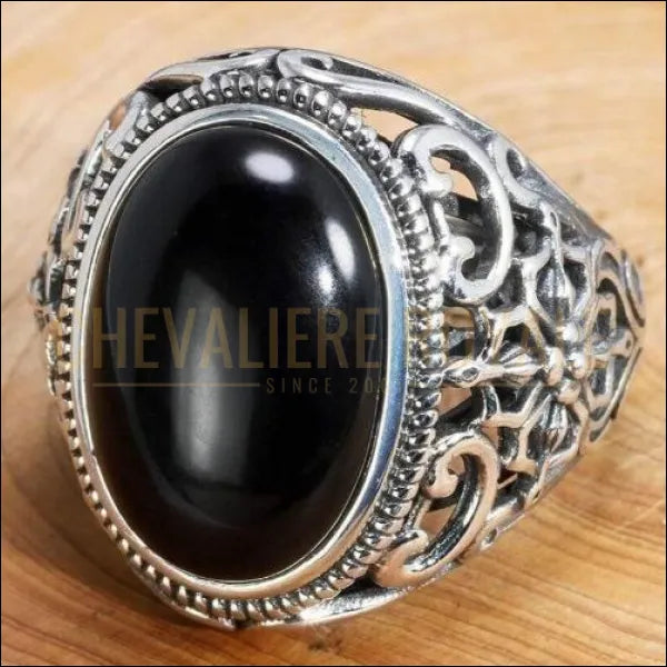 Chevalière royale pour homme et femme avec pierre d'onyx noir taille ajustable