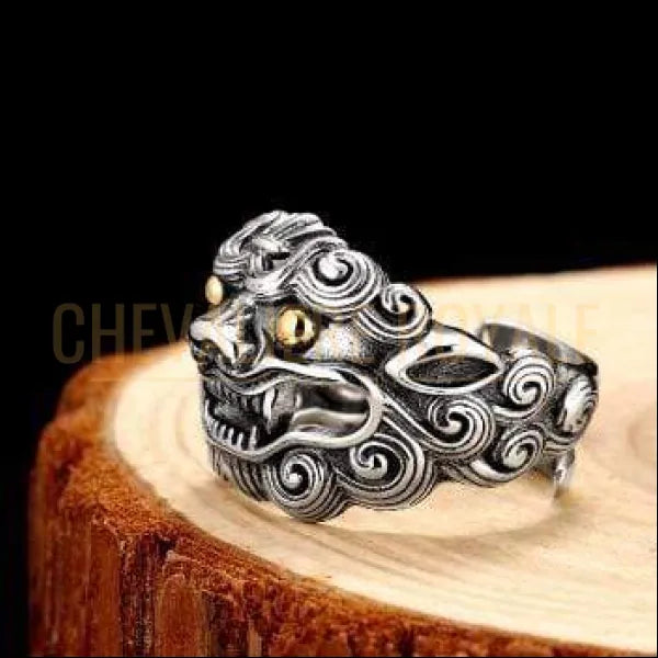 Chevaliere royale - bague homme femme en argent tête de dragon géants  tete lion 