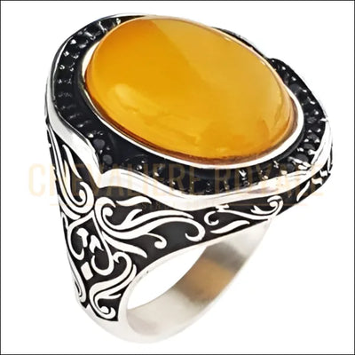 Chevalière homme pierre naturelle agate jaune et zircone - Chevalière Royale 