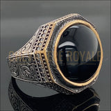Chevalière homme pierre onyx noire – Design hexagonal orné