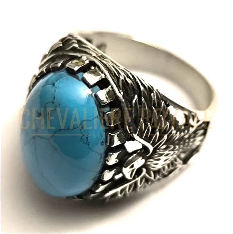 Chevalière homme pierre turquoise en argent motif oiseau