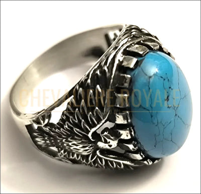 Chevalière homme pierre turquoise en argent motif oiseau