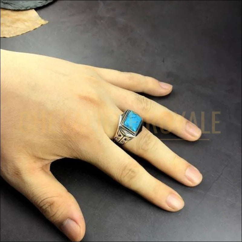 Chevaliere Royale pour hommes argent formes géométrique pierre turquoise