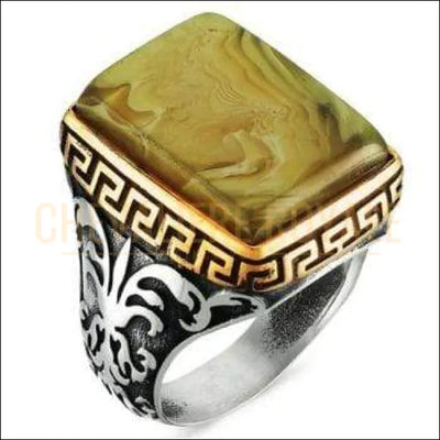 Chevalière hommes en argent pierre agate couleur rare (jaune) - Chevalière Royale 