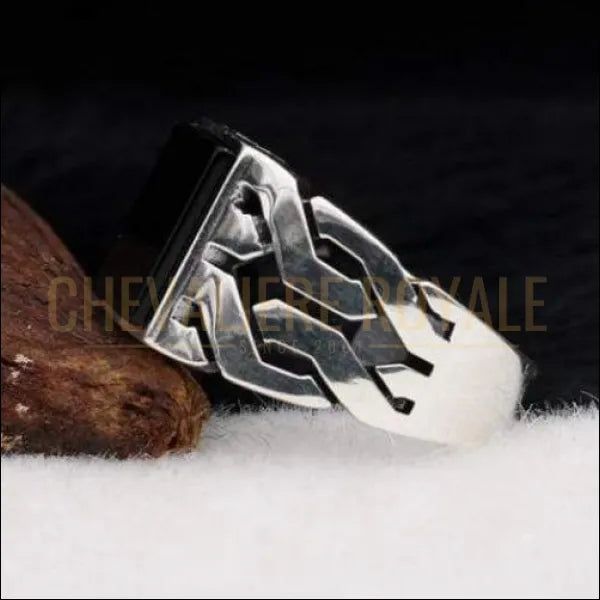 Chevalier royale pour hommes en argent style moderne pierre carrée onyx noir