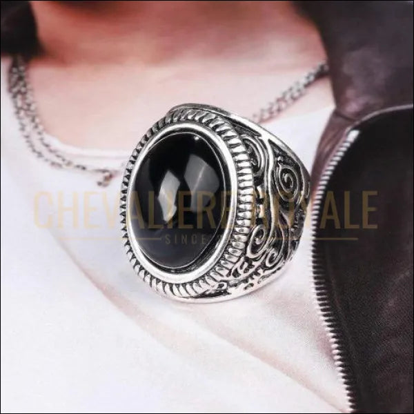 Chevalier royale homme et femme en acier avec pierre onyx noir rond