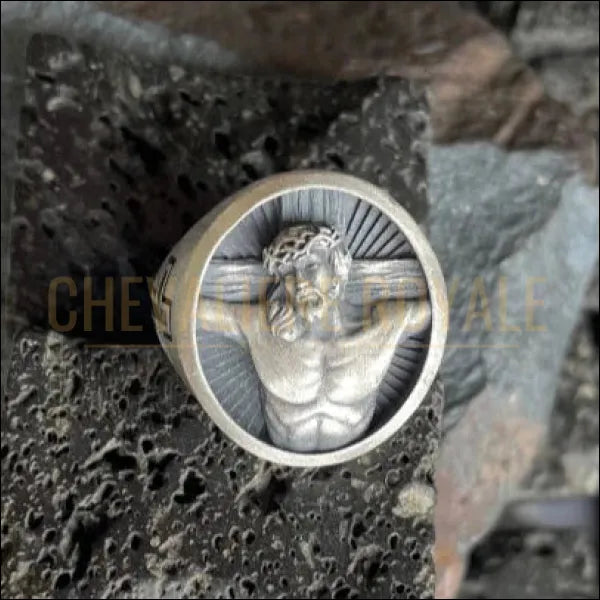 Chevalière Jésus en Argent - Crucifixion avec Options de Finition-Chevaliere Royale-864