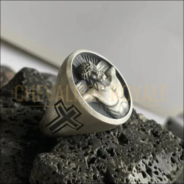 Chevalière Jésus en Argent - Crucifixion avec Options de Finition-Chevaliere Royale-864