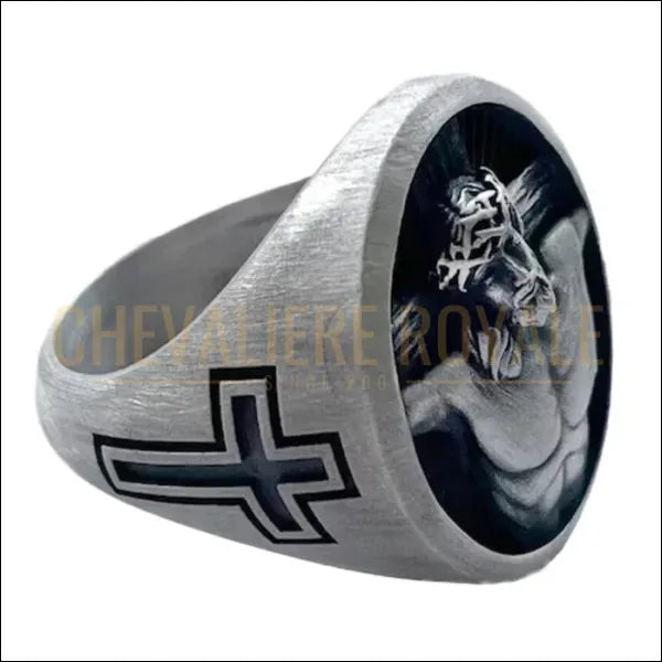 Chevalière Jésus en Argent - Crucifixion avec Options de Finition-Chevaliere Royale-254