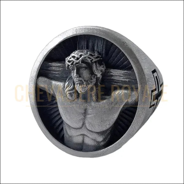 Chevalière Jésus en Argent - Crucifixion avec Options de Finition-Chevaliere Royale-987