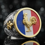 Chevalière Luxe Coq Gaulois Or 18K & Drapeau Français