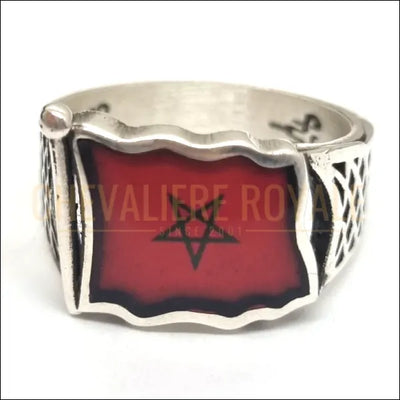 Chevalière moderne drapeau marocain - bague en argent massif