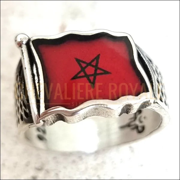 Chevaliere Moderne Drapeau Marocain Bague en Argent Massif 50