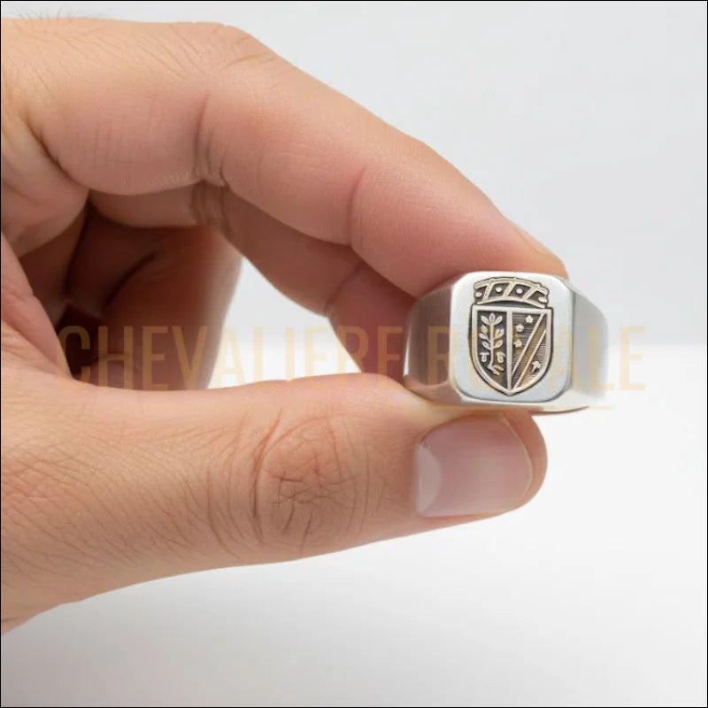 Bague-Heraldique-argent-massif-gravure-personnalise-blason-ecusso-Bague-de-famille-armoirie-chevaliere-royale