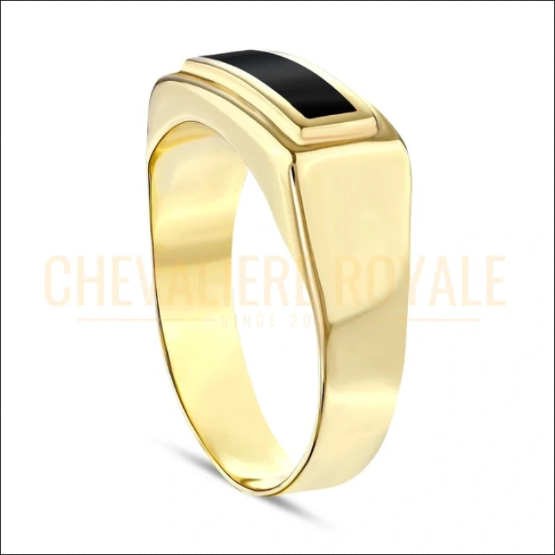 Chevalière or jaune 14 carats avec émail noir pour homme