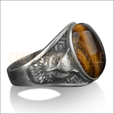 Chevalière Oxydée Argent Œil de Tigre et Design Hibou-Chevaliere Royale- 