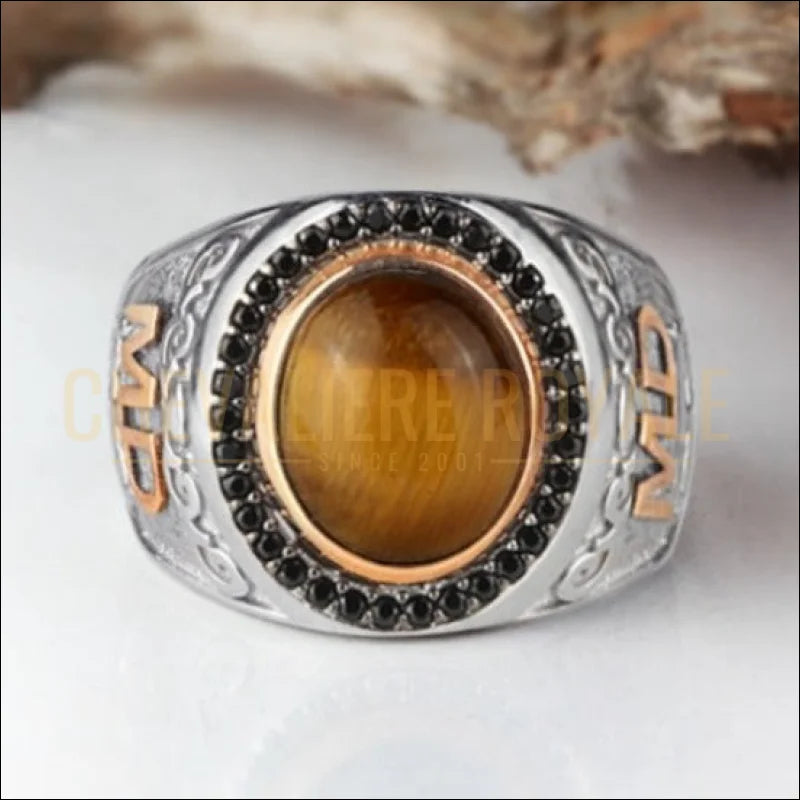 Grosse Chevalière Oeil De Tigre Et Métal Doré - Taille 69,5 - Occasion