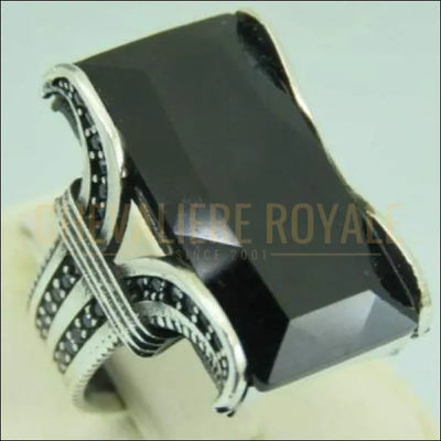 Chevalière pour homme en argent la pierre onyx noir horizontale 