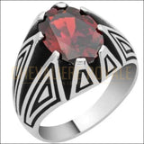 Chevalière pour homme argent pierre zircon rouge design futuriste