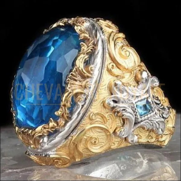 Chevalière pour homme argent plaqué or pierre grande topaze bleue