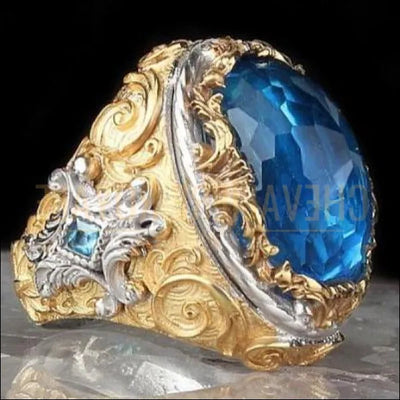 Chevalière pour homme argent plaqué or pierre grande topaze bleue