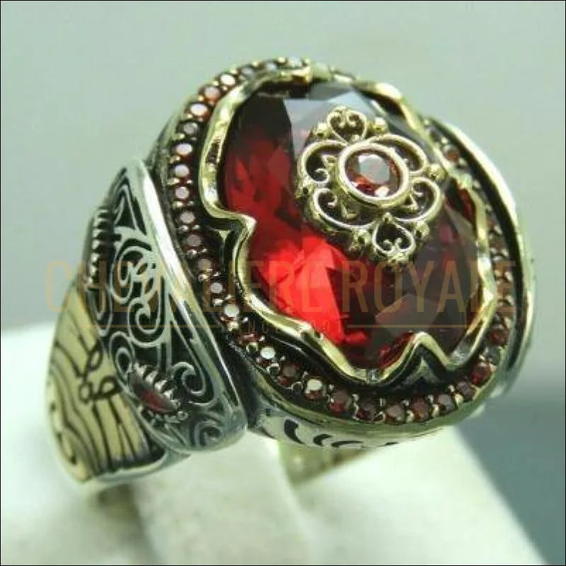 Chevalière homme artisanale en argent quartz brodé à la main pierre rouge
