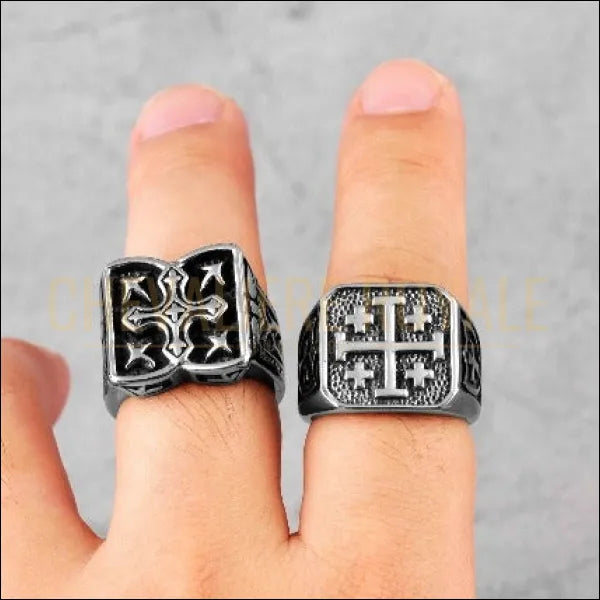 Bague Chevalière pour homme en acier au motif de la Croix de Jérusalem