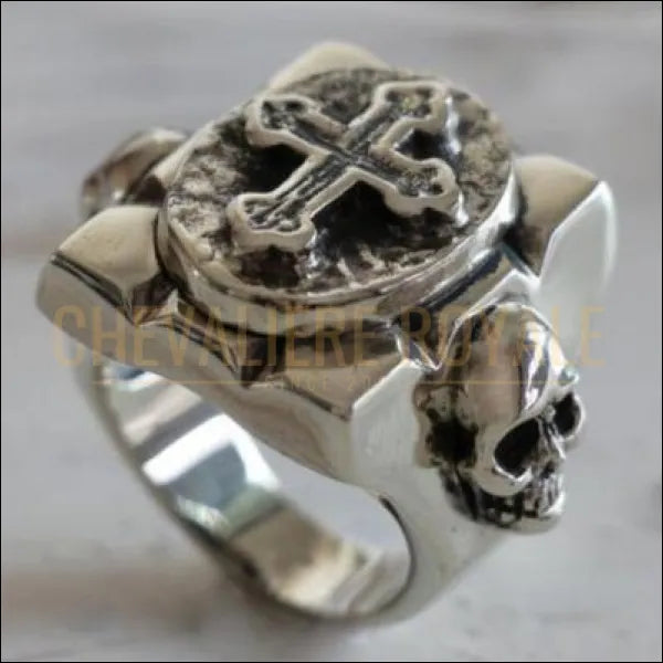 Chevalière pour homme en argent croix mexicain et tête de mort gothique 