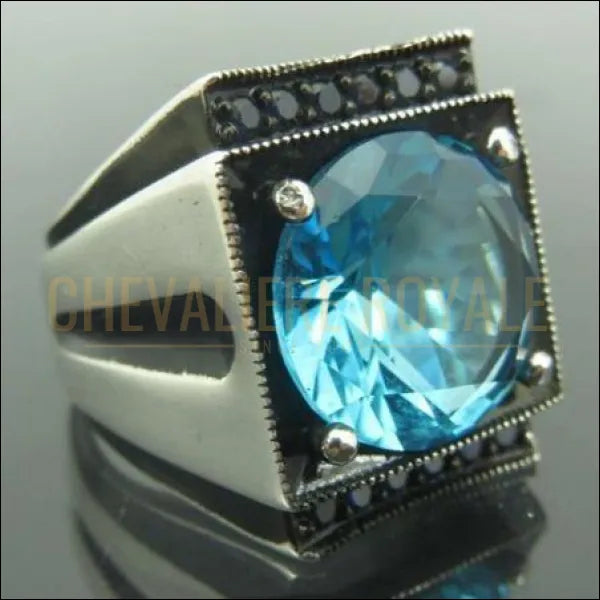 Chevaliere pour homme en argent la pierre aigue marine carree