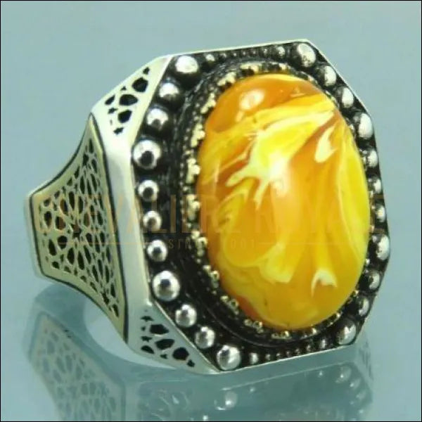 Chevalières pour homme en argent ottoman pierre ambre jaune 