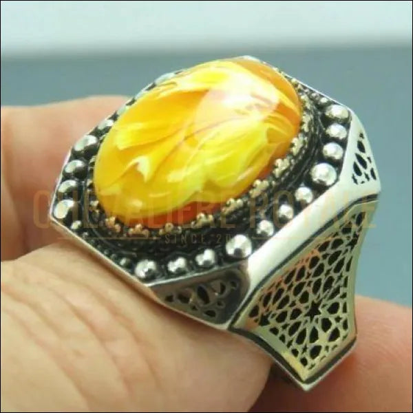 Chevalières pour hommes en argent ottoman pierre ambre jaune 