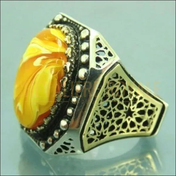 Chevalière pour homme en argent 925 ottoman pierre ambre jaune 