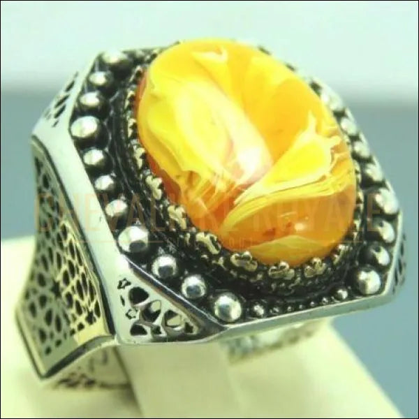 Chevalière pour homme en argent ottoman pierre ambre jaune 