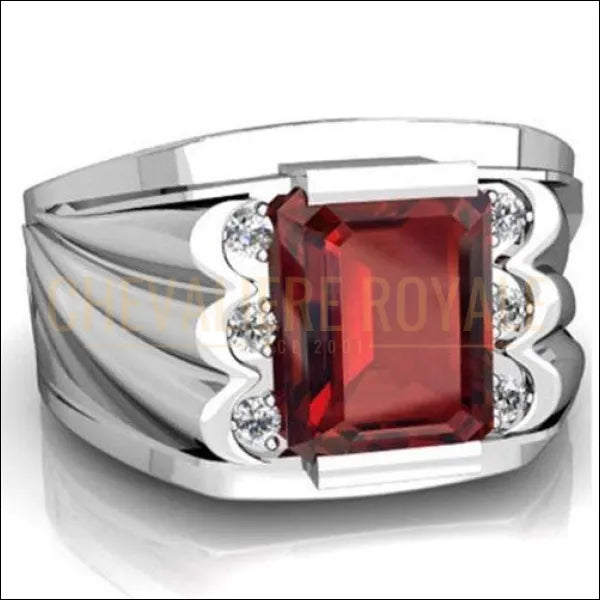 Bague Chevalière pour homme en or blanc 14-18 carats avec pierre grenat