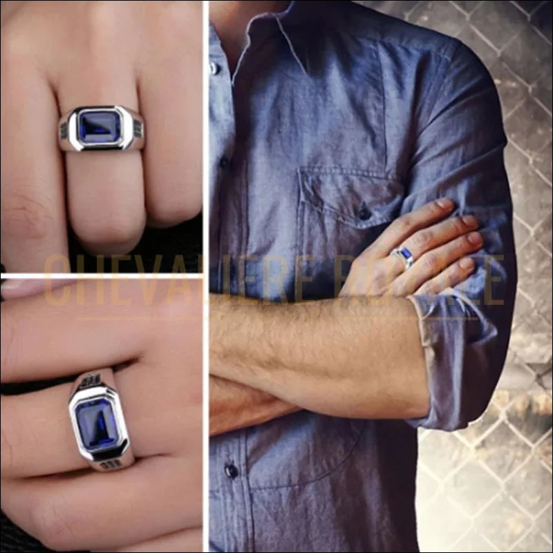 Chevalière pour homme tout en argent pierre saphir engagé
