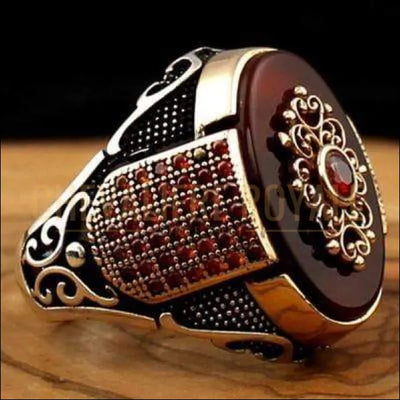 Chevalière royale pour hommes argent design ottoman pierre agate rouge
