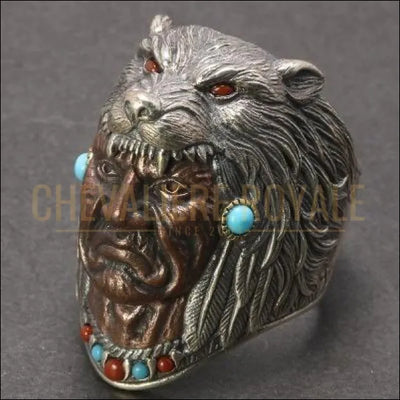 Chevalière pour hommes en argent gothique tête de Loup et satan - Chevalière Royale 