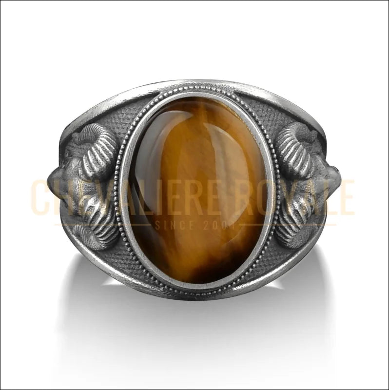 Chevalière Tête de Bélier et Œil de Tigre pour Homme-Chevaliere-Royale-654