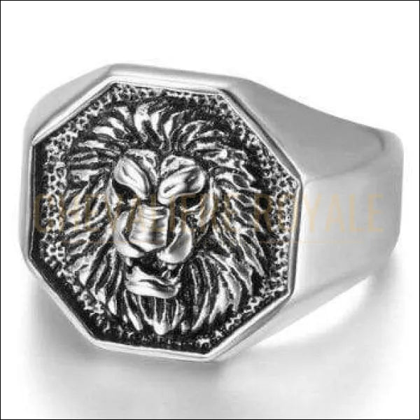 Chevalière royale homme acier tête de lion finition en argent et or