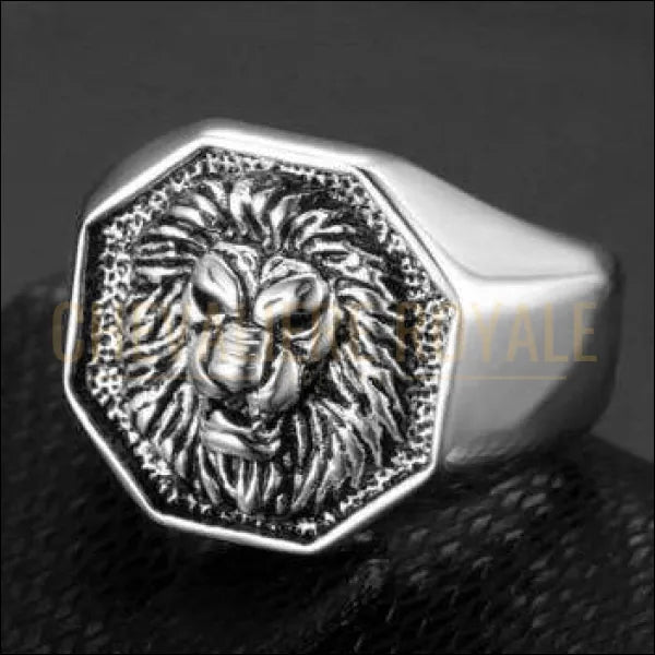 Chevalière royale pour homme acier tête de lion finition en argent et or