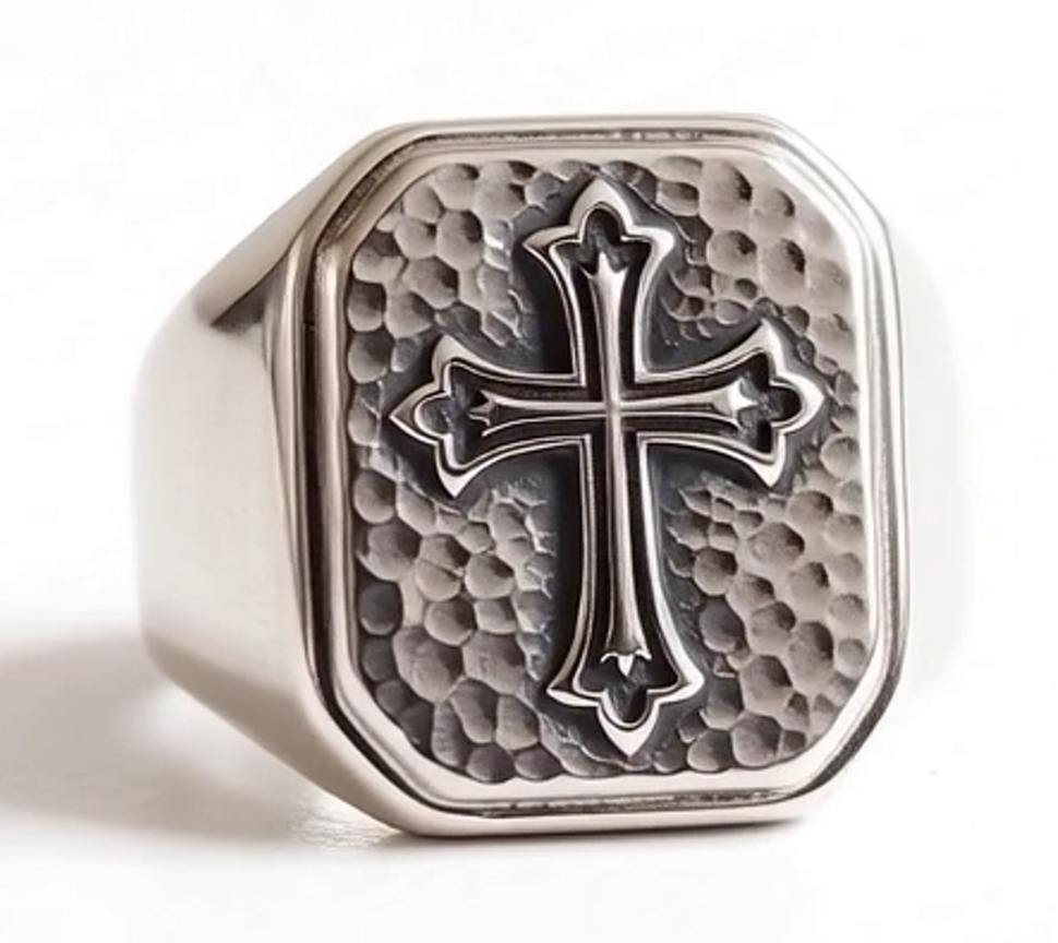 Bague Chrétienne en Argent Massif Martelé – Style Gothique Épuré-Chevaliere-Royale