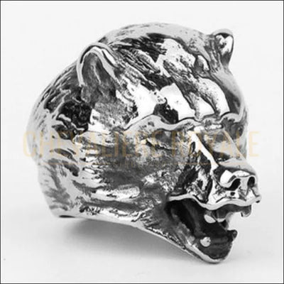 Grosse chevalière pour homme design tête d'ours en acier