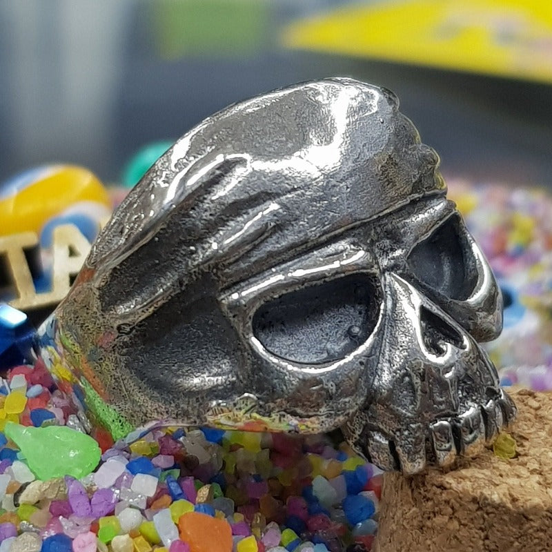 Chevalière Tête de Mort Johnny Deep - Bandana Skull Ring en Argent-9987