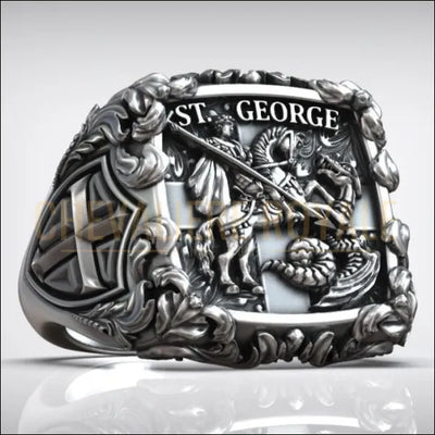 St Georges le Victorieux : Chevalière Argent Massif Façonnée à la Main-Chevalieres Royale - 