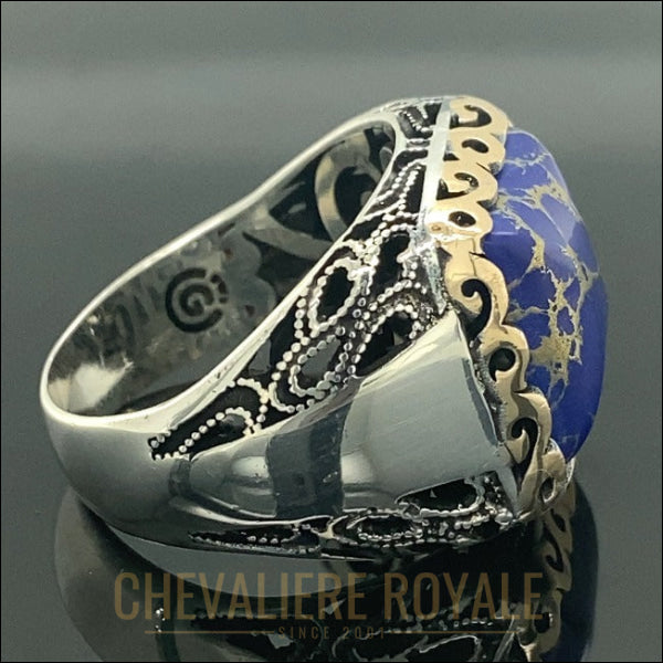 Chevalière argent forme de coussin magnifique lapis-lazuli