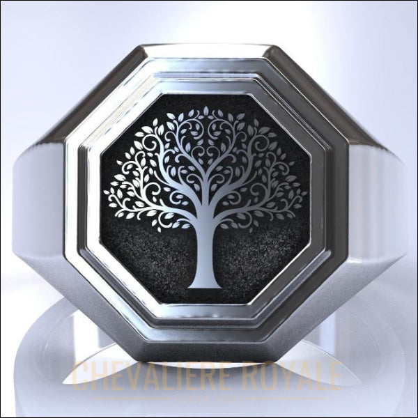 Chevalière argent massif design arbre de la vie forme octogonal