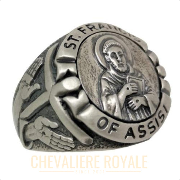 Chevaliere-jesus-catholique-style-antique-en-argent-Saint-Francois-d-Assise